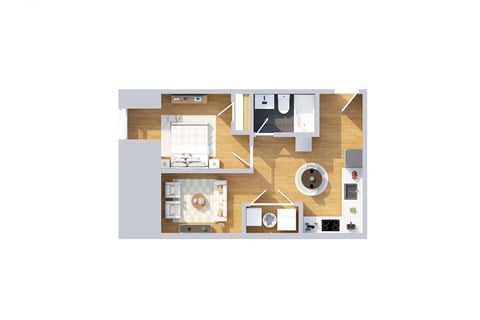 Floor plan for 1 bed, 1 bath, 599 sqft